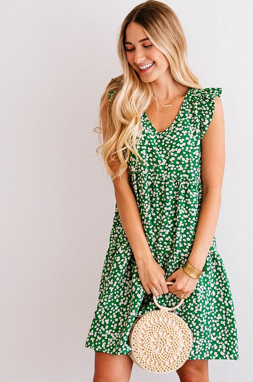 Floral Tiered Flutter-Sleeve Dress