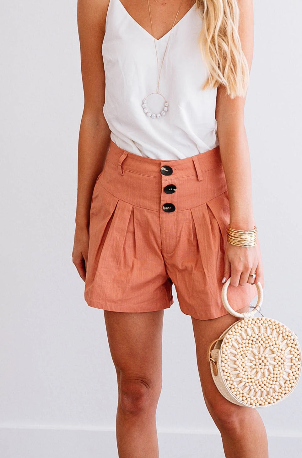 Clay Button High-Waist Shorts