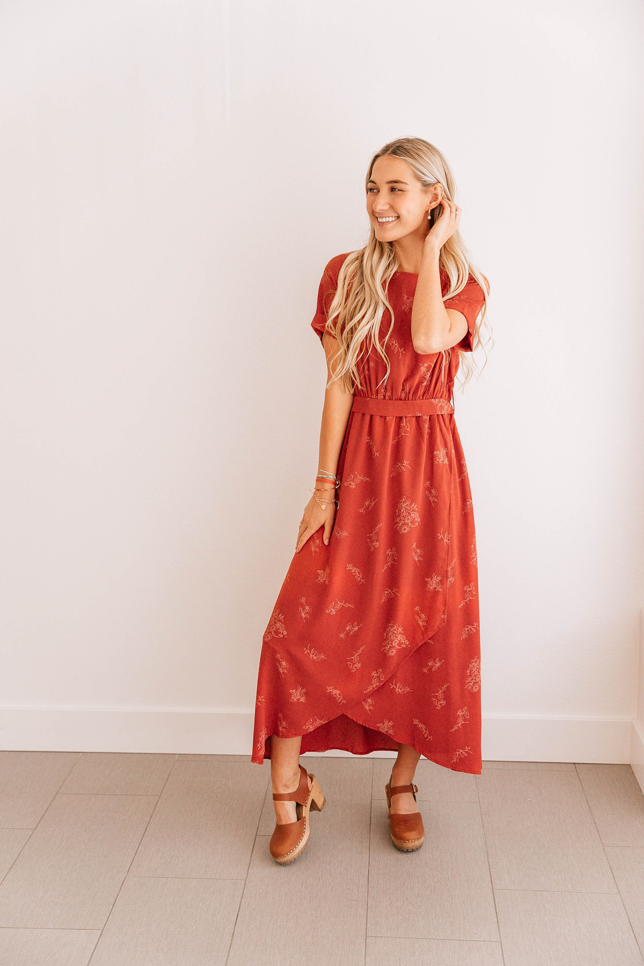 Rust Floral Wrap Dress