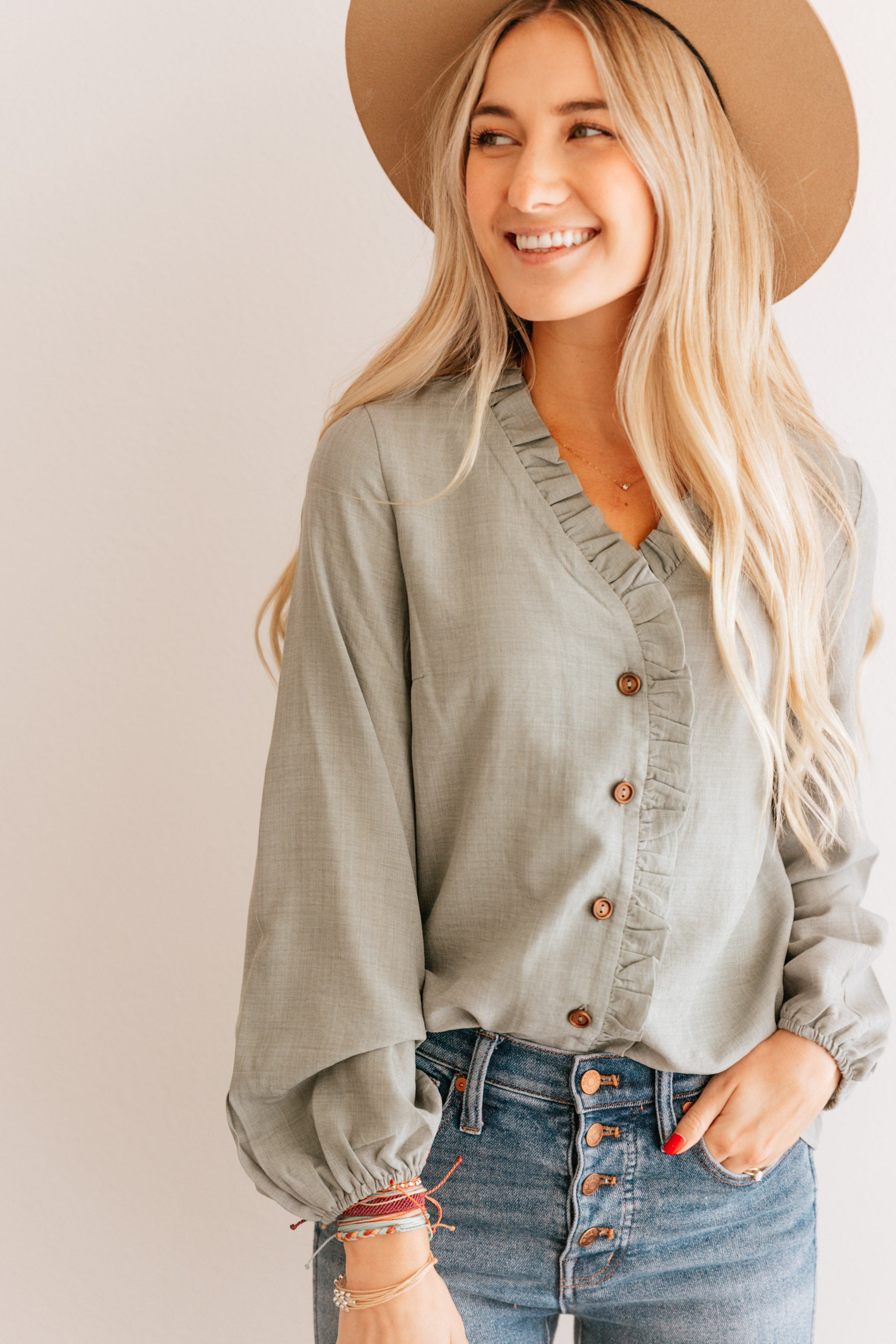 Ruffle Trim Button up Top