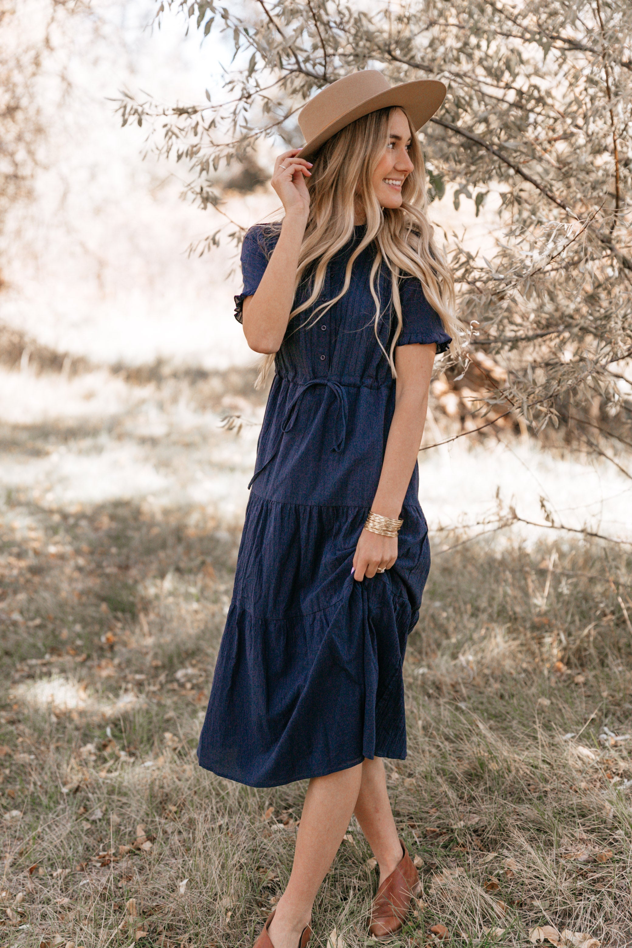 NAVY TIERED PEASANT DRESS