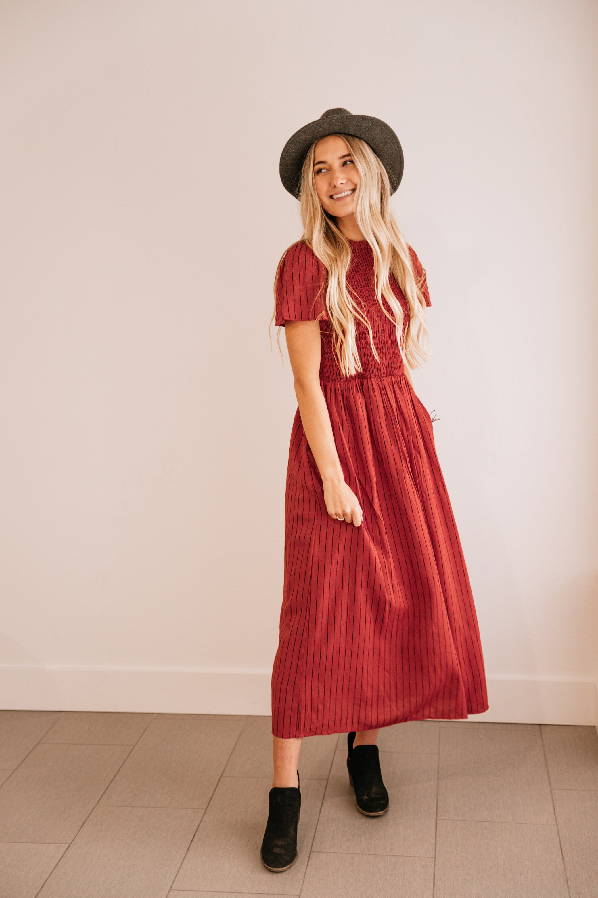 Rust Pocket-Accent Midi Dress