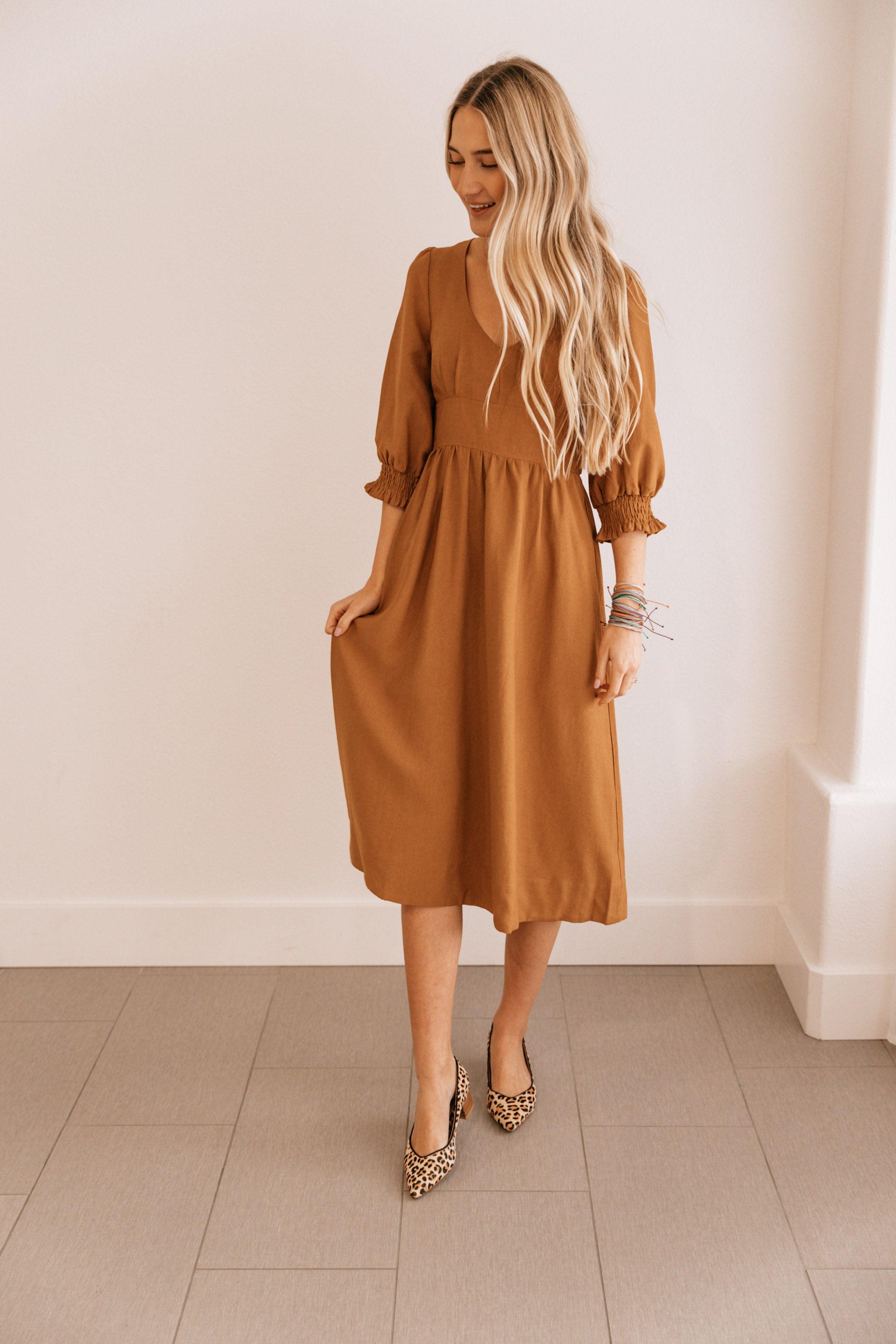 Camel Tie-Waist V-Neck Midi Dress