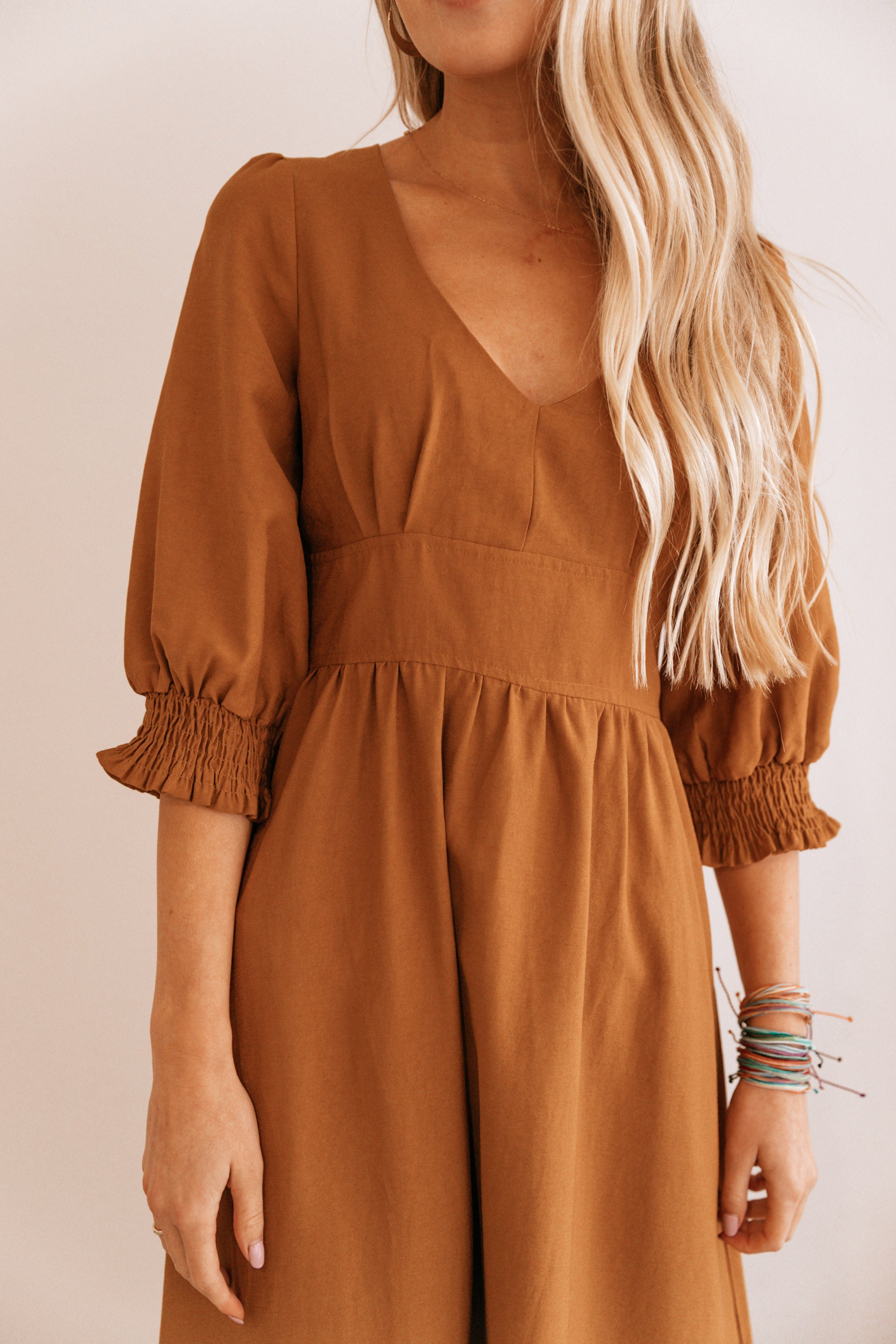 Camel Tie-Waist V-Neck Midi Dress