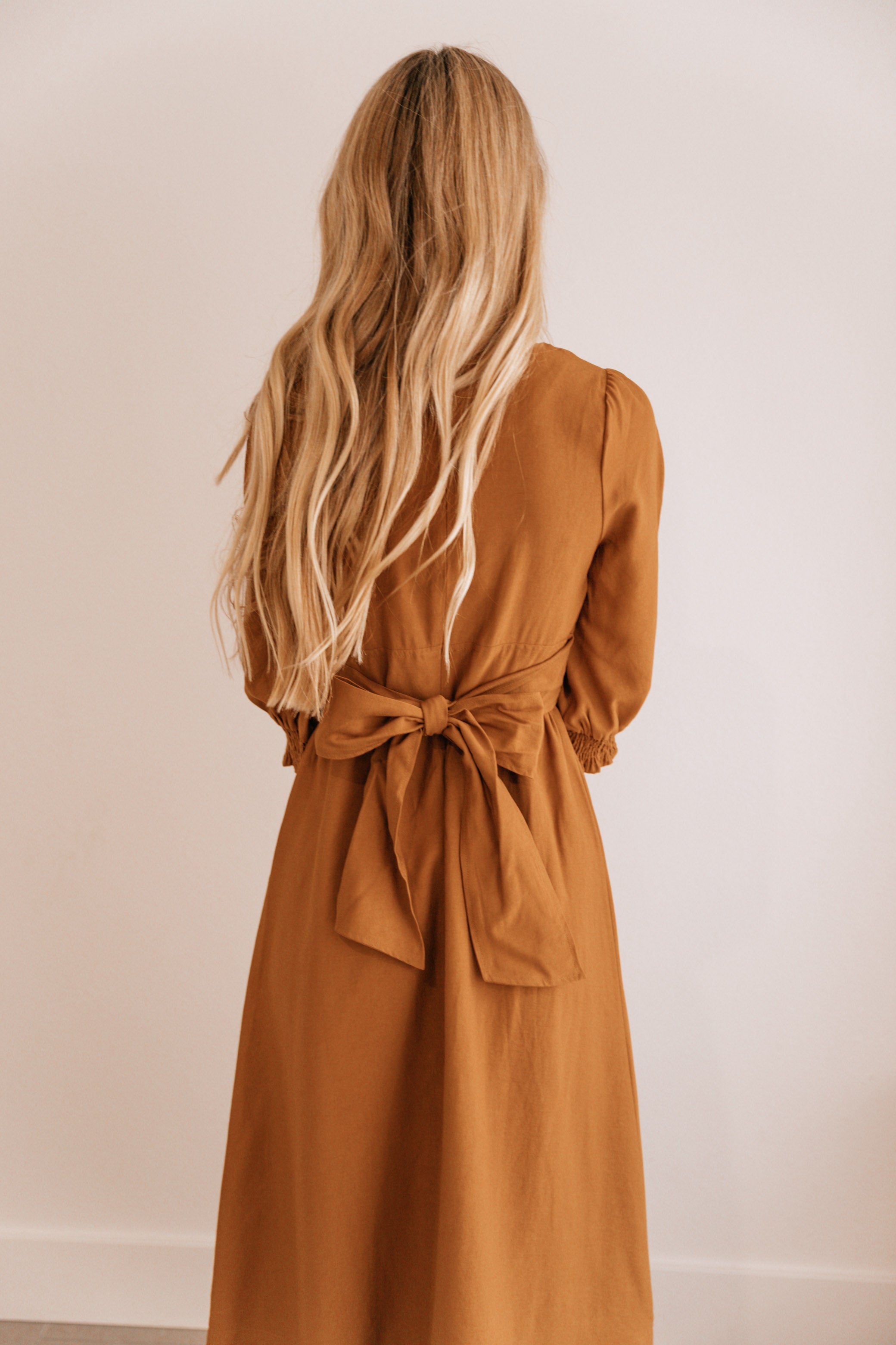 Camel Tie-Waist V-Neck Midi Dress