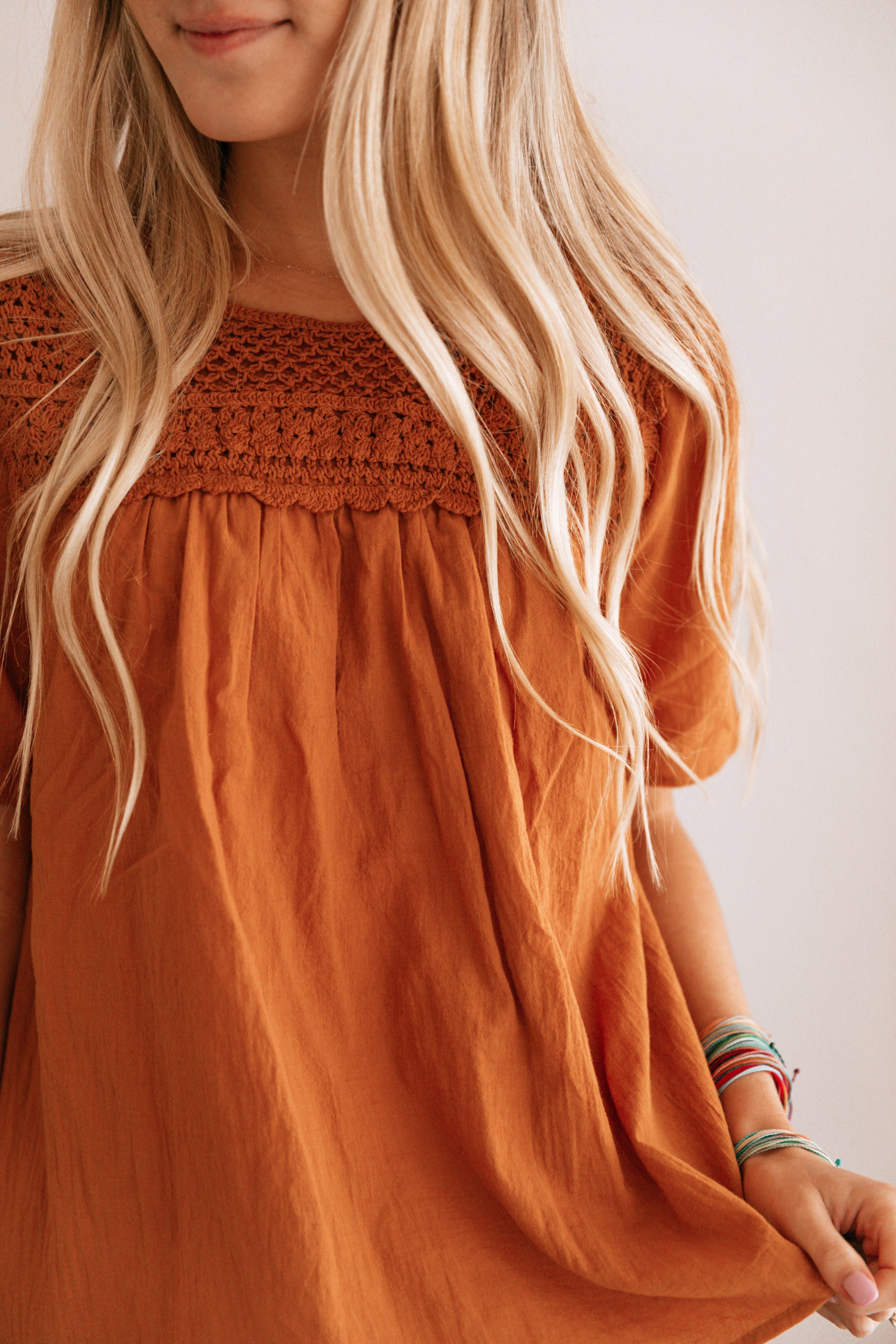 Camel Crochet-Accent Short-Sleeve Top