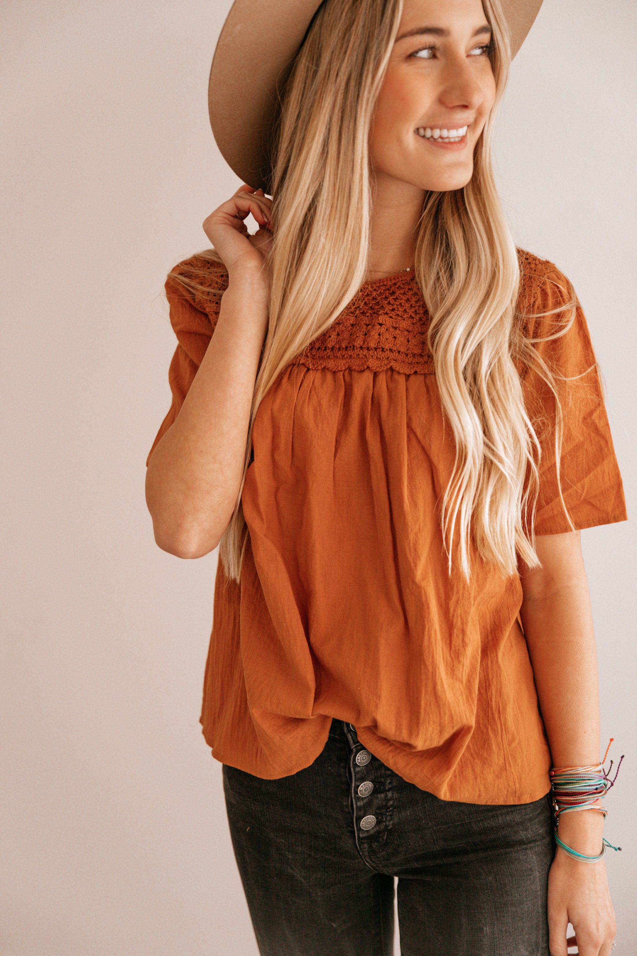 Camel Crochet-Accent Short-Sleeve Top