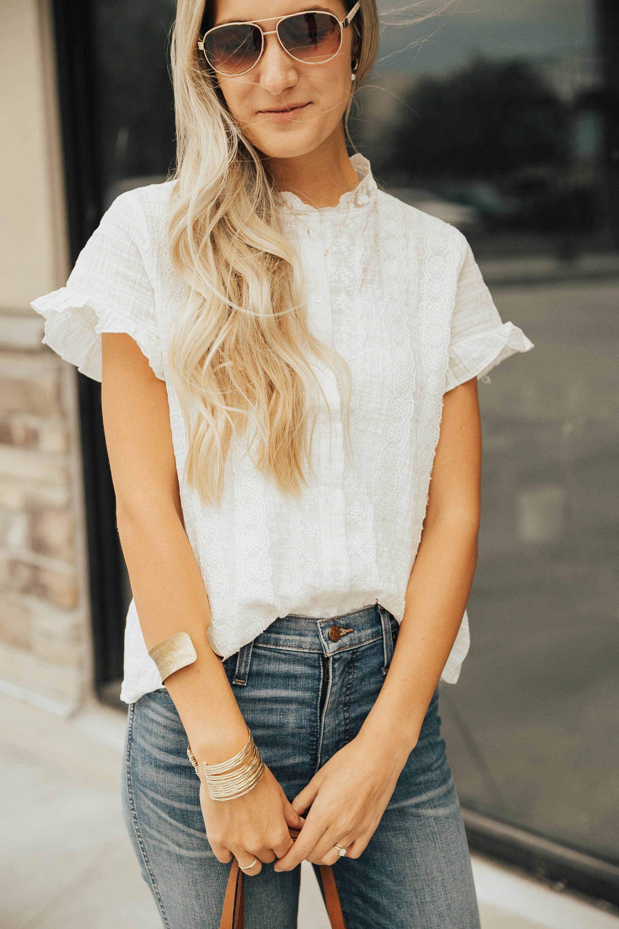 Lace-Detail Ruffle-Trim Button-Up